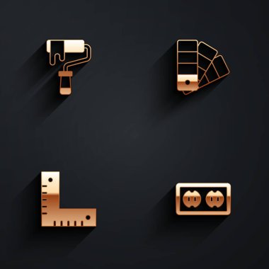 Boya fırçasını, renk palet rehberini, köşe cetveli ve uzun gölgeli elektrik çıkış ikonunu ayarla. Vektör