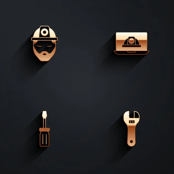 Set Builder, Arbeiter-Schutzhelm, Schraubendreher und Einstellschlüssel-Symbol mit langem Schatten. Vektor — Stockvektor