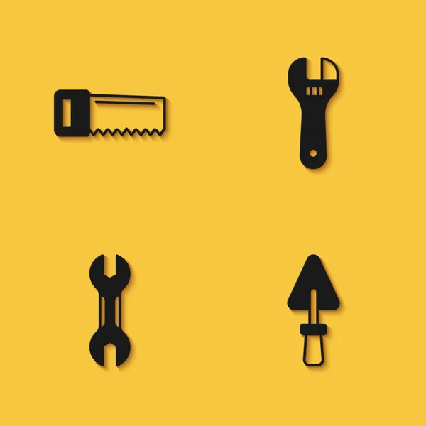 Set Sierra de mano, paleta, llave inglesa e icono de llave ajustable con sombra larga. Vector — Vector de stock