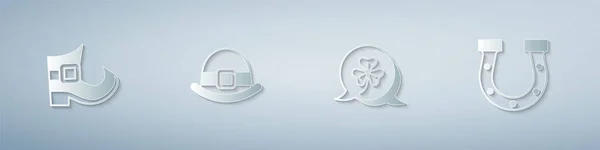 Set Botte Leprechaun, chapeau, feuille de trèfle de trèfle et fer à cheval. Style art du papier. Vecteur — Image vectorielle