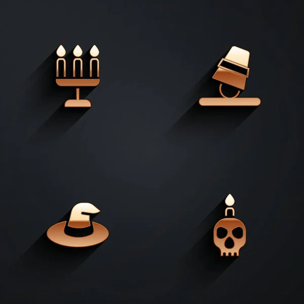 Set Candelabro, Dedos de juego, sombrero de bruja y vela ardiente en el icono del cráneo con sombra larga. Vector — Vector de stock