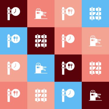 Pop Art Train istasyonunun saatini, Turnstile 'i, Kafe' yi ve restoran yerini ve kırık ya da kırık demiryolu ikonunu ayarla. Vektör