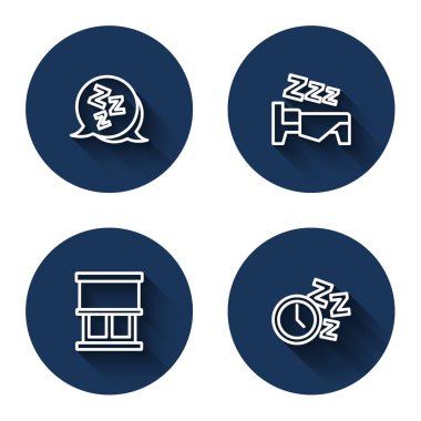 Sırayı ayarla Uykucu, uyku zamanı perdeli pencere ve uzun gölgeli alarm saati. Mavi daire düğmesi. Vektör