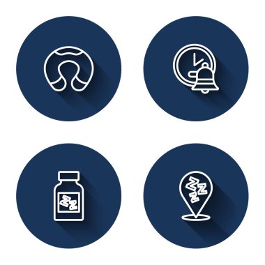 Sırayı ayarla seyahat boyun yastığı, alarm saati, uzun gölgeli uyku ve uyku. Mavi daire düğmesi. Vektör