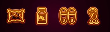 Yastık, uyku hapı, terlik kulak tıkaçları ve kulak tıkaçları. Parlayan neon ikonu. Vektör