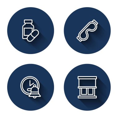 Sıraya girin Uyku hapı, Göz maskesi, Alarm saati ve uzun gölgeli perdeleri olan pencere. Mavi daire düğmesi. Vektör