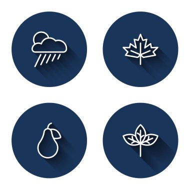 Yağmur, güneş, Kanada akçaağaç yaprağı, Armut ve Yaprak ile uzun gölgeli çizgi oluşturun. Mavi daire düğmesi. Vektör