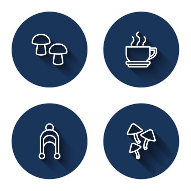 Sıra mantar, kahve fincanı, kış şapkası ve uzun gölgeli. Mavi daire düğmesi. Vektör