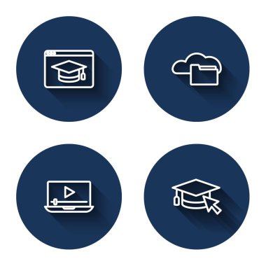 Çevrimiçi eğitim, Bulut veya çevrimiçi kütüphane, imleci uzun gölgeli video ve mezuniyet başlığı ile oynayın. Mavi daire düğmesi. Vektör