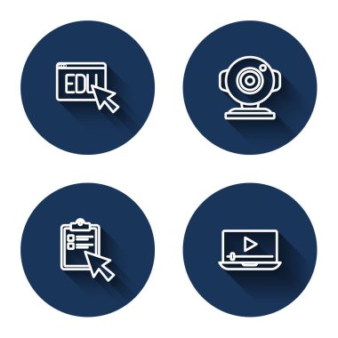 Çevrimiçi eğitim, Web kamerası, sınav, test, araştırma ve uzun gölgeli video oynat. Mavi daire düğmesi. Vektör