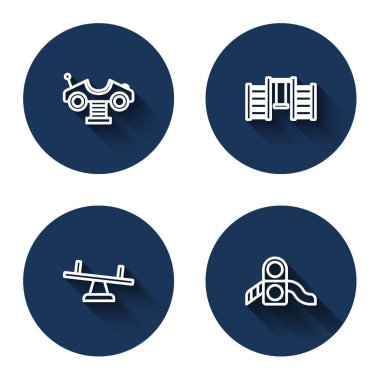 Set çizgisi Swing arabası, İsveç duvarı, Tahterevalli ve uzun gölgeli oyun alanı. Mavi daire düğmesi. Vektör