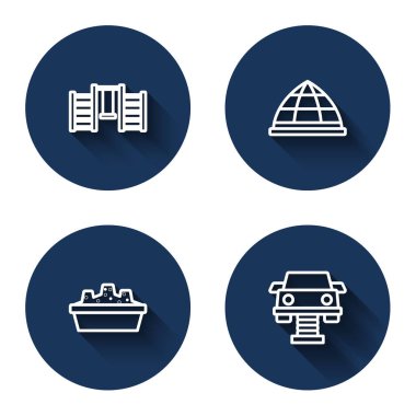 Sıralı İsveç duvarı, tırmanma ekipmanları kum havuzlu kum havuzu ve uzun gölgeli sallanan araba. Mavi daire düğmesi. Vektör