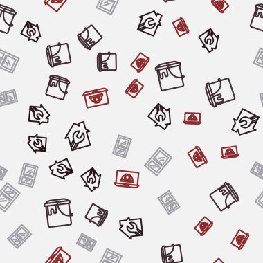 Ev hattını İngiliz anahtarı, boya kovası, pencere odası ve işçi kaskı ile kusursuz bir düzende ayarla. Vektör