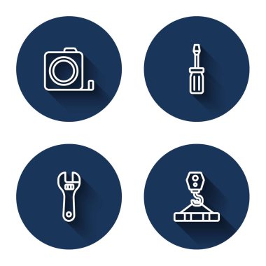 Çizgi Rulet inşaatı, tornavida ayarlanabilir anahtar ve uzun gölgeli Crane kancası. Mavi daire düğmesi. Vektör