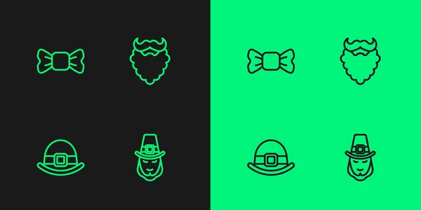 Définir la ligne Leprechaun, chapeau, nœud papillon et moustache et icône de la barbe. Vecteur — Image vectorielle