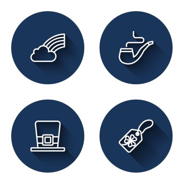 Bulutlu Gökkuşağı, tüten pipo, leprikon şapka ve uzun gölgeli Clover yaprağı etiketi. Mavi daire düğmesi. Vektör