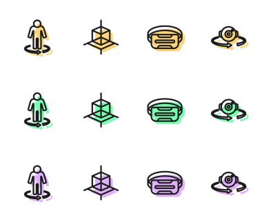 Sanal gerçeklik gözlükleri, 3D modelleme ve 360 derecelik görüntü ikonu ayarla. Vektör