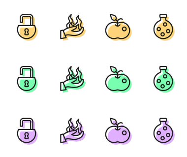 Zehirli elma, açık asma kilit, ateş tutan el ve ikonlu şişe. Vektör