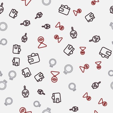 Sıralı cüzdan, kafatasında yanan mum, sihirli taş yüzük ve kusursuz desenli madalyon zinciri. Vektör