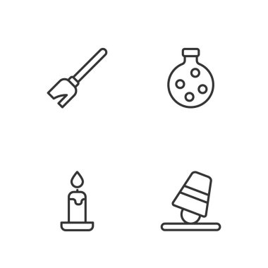 Oyun yüksüklerini, yanan mumu, cadı süpürgesini ve iksir ikonlu şişeyi ayarla. Vektör