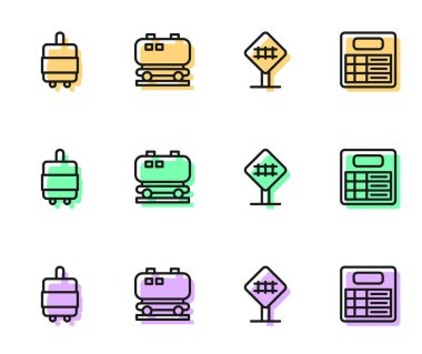 Demiryolu geçişi, bavul, petrol demiryolu sarnısı ve tren istasyonu ikonu. Vektör