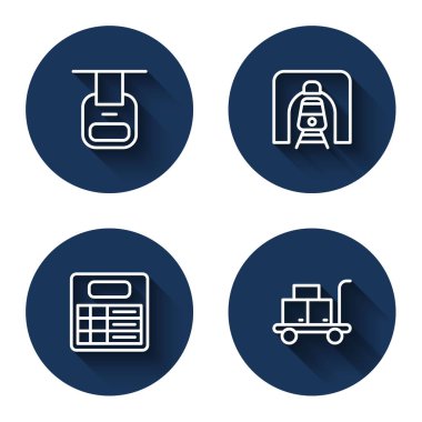 Kablolu TV vagonu, tren yolu tüneli, istasyon panosu ve uzun gölgeli Trolley valizi. Mavi daire düğmesi. Vektör