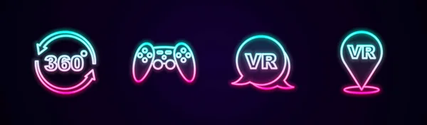 Zeile 360-Grad-Ansicht, Gamepad, Virtuelle Realität und. Leuchtende Leuchtschrift. Vektor — Stockvektor