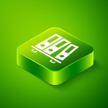 Kağıtları ve belgeleri olan Isometric Ofis dosyaları yeşil arkaplanda izole edildi. Ofis dosyaları. Dosya arşivleme işareti. Yeşil kare düğmesi. Vektör