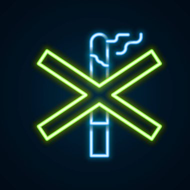 Parlayan neon hattı Siyah arkaplanda sigara içilmeyen simge. Sigara içmek yasaktır işareti. Renkli taslak konsepti. Vektör