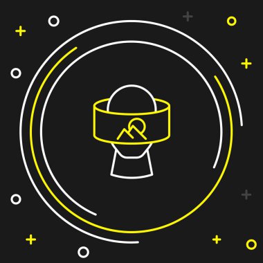 Çizgi Sanal gerçeklik gözlüğü simgesi siyah arkaplanda izole edildi. Stereoskopik 3D VR maskesi. Optik baş monte edildi. Renkli taslak konsepti. Vektör