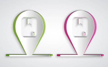 Gri arkaplanda karton kutu simgesi olan kağıt kesimi konumu. Teslimat hizmetleri, lojistik ve ulaşım, dağıtım. Kağıt sanatı tarzı. Vektör