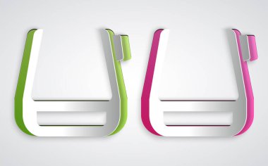 Kağıt kesiği. Gözlük üzerine yerleştirilmiş akıllı gözlükler. Gri arkaplanda izole edilmiş simge. Giyilebilir elektronik, akıllı gözlüklü, kameralı ve ekranlı. Kağıt sanatı tarzı. Vektör