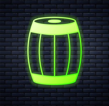 Parlayan neon renkli ahşap varil ikonu tuğla duvar arkasında izole edilmiş. Alkol fıçısı, içki kabı, bira için tahta fıçı, viski, şarap. Vektör