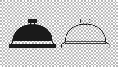 Şeffaf arka planda izole edilmiş bir tepsi yiyecek ikonu ile kaplanmış. Tepsi ve kapak işareti. Kapaklı bir restoran saati. Vektör