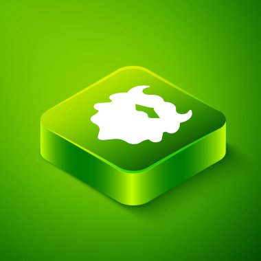 Yeşil arka planda Isome bıyığı ve sakal simgesi var. Berber dükkanı sembolü. Yüz kılı stili. Yeşil kare düğmesi. Vektör