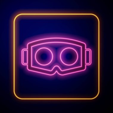 Parlayan neon gözlük simgesi siyah arkaplanda izole edildi. Stereoskopik 3D VR maskesi. Optik baş monte edildi. Vektör