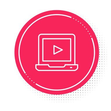 Beyaz çizgi Online video simgesi beyaz arkaplanda izole edildi. Dizüstü bilgisayar ve oyun işaretli film şeridi. Kırmızı daire düğmesi. Vektör