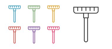 Çizgi çizgisi tırmık simgesi beyaz arkaplanda izole edildi. Bahçecilik, tarım, çiftçilik aleti. Toprak işçisi. Temizlik ekipmanları. Simgeleri renklendirin. Vektör