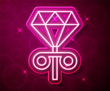 Parlayan neon çizgili küpe simgesi kırmızı arkaplanda izole edildi. Mücevher aksesuarları. Vektör