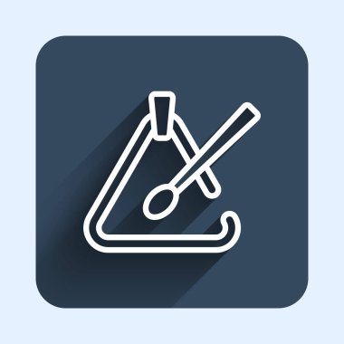 Beyaz çizgi üçgen müzik aleti ikonu uzun gölge arkaplan izole. Mavi kare düğme. Vektör