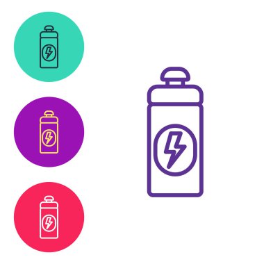 Beyaz arkaplanda izole edilmiş çizgi fitness titreşim simgesi ayarla. Su ve protein kokteylleri için kapaklı spor karıştırıcı şişesi. Simgeleri renklendirin. Vektör