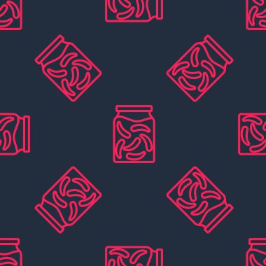 Kırmızı çizgi salatalık turşusu bir kavanoz ikonunda izole edilmiş siyah arka planda dikişsiz desen. Vektör