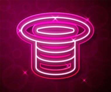 Parlayan neon hattı sihirli şapka simgesi kırmızı arkaplanda izole edildi. Sihir numarası. Gizemli eğlence konsepti. Vektör