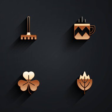 Bahçe tırmığı, bir fincan çay, uzun gölgeli Clover ve Leaf ikonu. Vektör