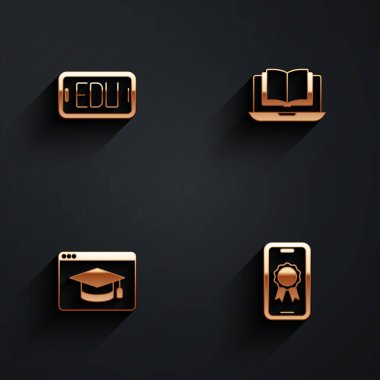 Çevrimiçi eğitim, sınıf ve uzun gölgeli diploma ikonu. Vektör