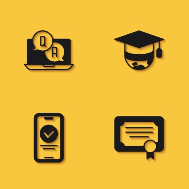 Soru ve Yanıtı Ayarla, Sertifika şablonu, Çevrimiçi Sınav, Test, İnceleme ve Mezuniyet Kapsülü simgesi uzun gölgeli. Vektör