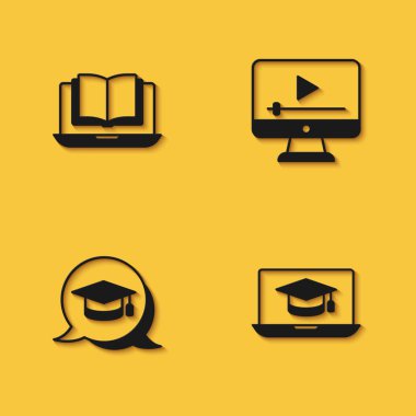 Çevrimiçi sınıf, dizüstü bilgisayarda mezuniyet şapkası, konuşma balonu ve uzun gölgeli video simgesi. Vektör