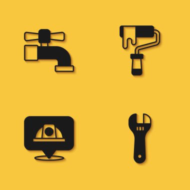 Su musluğu, ayarlanabilir anahtar, işçi kaskı ve uzun gölgeli boya fırçası ikonu. Vektör