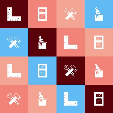 Pop sanat köşesi cetvelini, pencereyi, çekiç anahtarını ve fırça ikonlu boya kovasını ayarla. Vektör