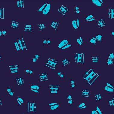 Bekleme salonu, bayrak, tren şöförü şapkası ve tren istasyonu. Vektör